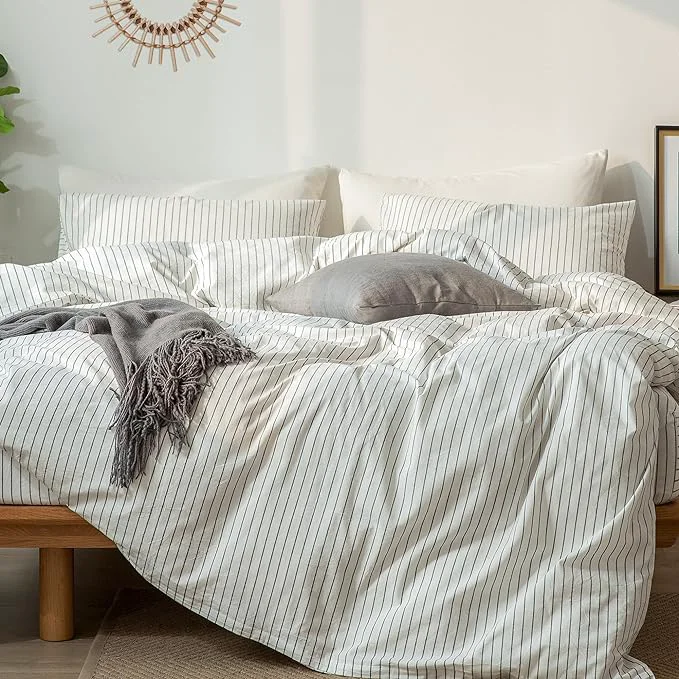 Pure MooMee Striped Duvet Cover Set Washed Cotton Linen Like Textured Breathable Durable Soft Comfy White Dark Grey Wide Stripes Alaska King 132 quot x120 quot World-Class