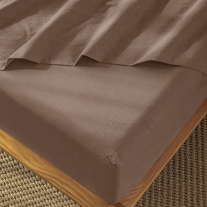 Luxury MooMee Fitted Bottom Sheet Only Washed Cotton Linen Like Textured Breathable Durable Soft Comfy Deep Pocket Fits Mattress up to 17 quot Brown Twin Innovative