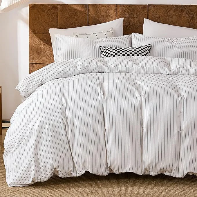Trendy Merryword Cotton Duvet Cover Set Queen Size Black Pinstripe Duvet Cover Set with Zipper Closure amp 8 Corner Ties Soft Lightweight Comforter Cover Luxury Linen Like Bedding for All Seasons Flexible