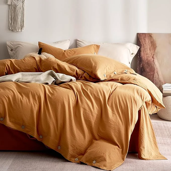 Organic JELLYMONI Washed Cotton Duvet Cover Queen – Soft Breathable Linen-Look Bedding with Natural Wrinkle Texture Button Closure 3-Piece Set Amber Orange 90 quot x90 quot Responsible