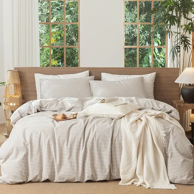 Safe MooMee Gingham Duvet Cover Set Washed Cotton Linen Like Textured Breathable Durable Soft Comfy Modern Checkered Design Mini Gingham Tannish Linen Grey Full 80 quot x90 quot Comfortable