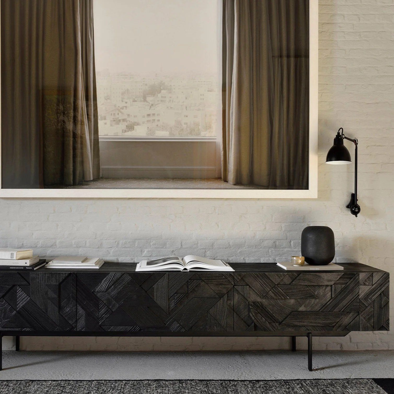 High-Quality Graphic Solid Black Teak Media Console 94.5 quot Long-Lasting