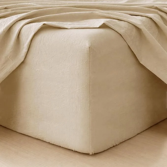 Green MooMee Fitted Bottom Sheet Only Washed Cotton Linen Like Textured Breathable Durable Soft Comfy Deep Pocket Fits Mattress up to 17 quot Almond Milk Grey King Premium Material
