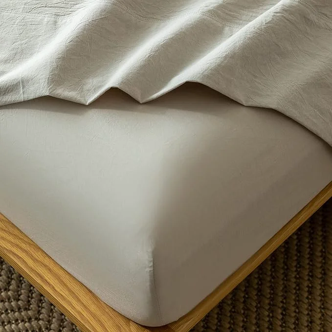 Artisan MooMee Fitted Bottom Sheet Only Washed Cotton Linen Like Textured Breathable Durable Soft Comfy Deep Pocket Fits Mattress up to 17 quot Cream Grey Twin Proven