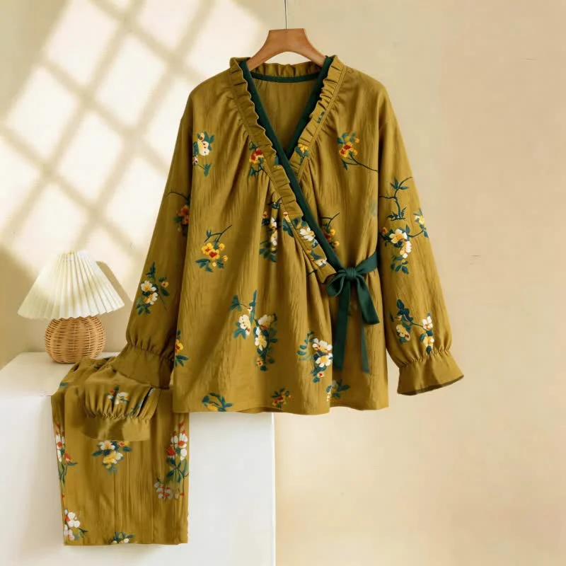 Artisan Ownkoti Ruffled Neck Green Floral Pajama Set Durable