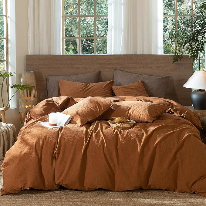 Expertly Made MooMee Wavy Striped Duvet Cover Set Washed Cotton Linen Like Textured Breathable Durable Soft Comfy Dark Orange Queen 90 quot x90 quot Elite