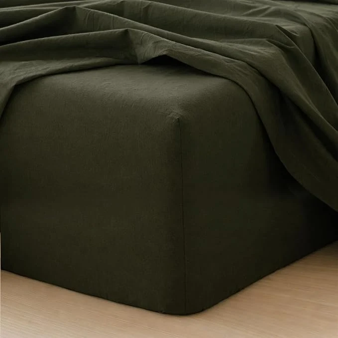 High-End MooMee Fitted Bottom Sheet Only Washed Cotton Linen Like Textured Breathable Durable Soft Comfy Deep Pocket Fits Mattress up to 17 quot Olive Green California King Exceptional