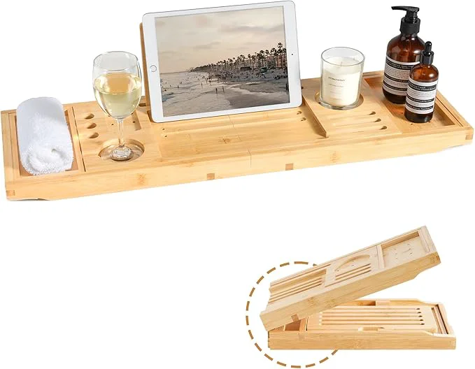 Smart Bamboo Bathtub Tray Splash-Proof Adjustable Non-Slip Pads Wine Holder World-Class