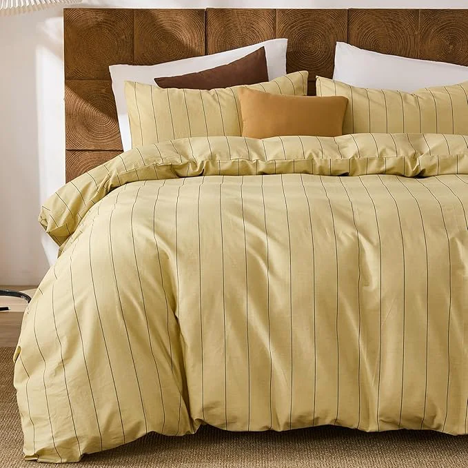 Responsible Merryword Yellow Striped Duvet Cover Set Queen Size Natural Cotton Bedding Set with Zipper Closure amp 8 Corner Ties Soft Breathable Luxury Linen Like Bedding for All Seasons Next-Generation