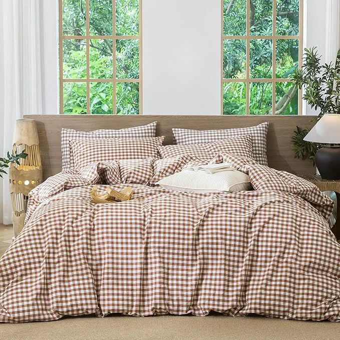 Contemporary MooMee Gingham Duvet Cover Set Washed Cotton Linen Like Textured Breathable Durable Soft Comfy Modern Checkered Design Dark Orange Gingham Super King 108 quot x98 quot Exceptional
