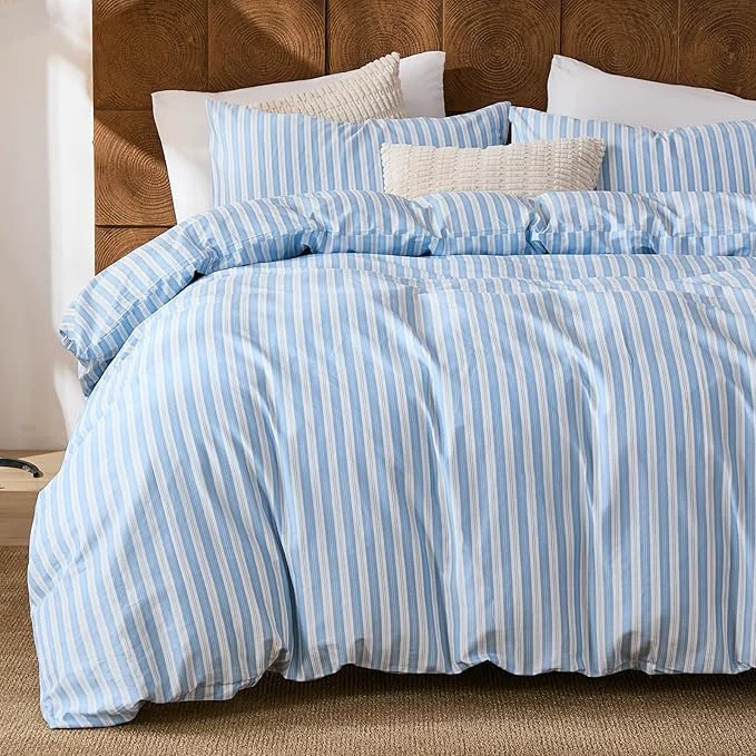 Recyclable Merryword Blue and White Striped Duvet Cover Set King Size Cotton Linen Like Textured Bedding with Classic Vertical Stripes Soft Lightweight Reversible Comforter Cover for All Seasons Effective