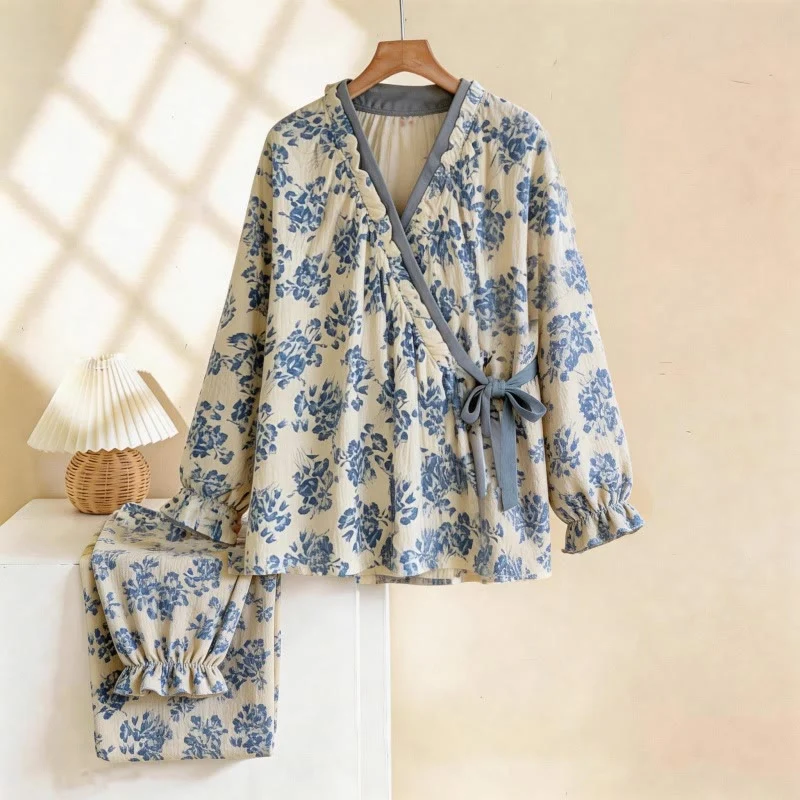 Professional Ownkoti Ruffled Neck Blue Floral Pajama Set Versatile