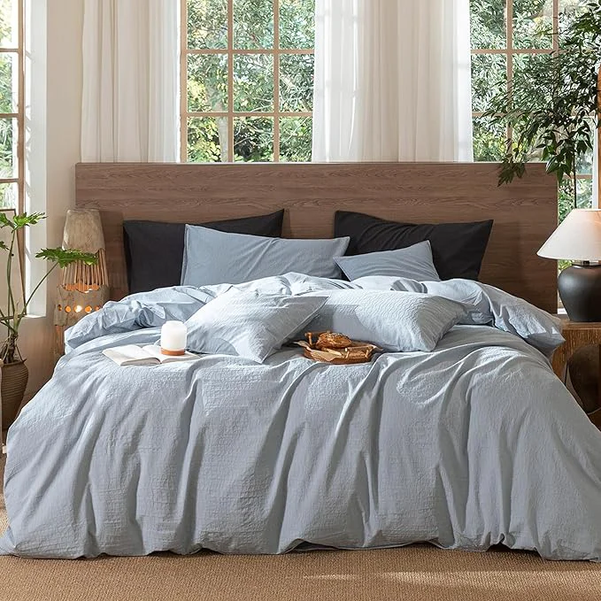 Crafted MooMee Wavy Striped Duvet Cover Set Washed Cotton Linen Like Textured Breathable Durable Soft Comfy Cornflower Blue Queen 90 quot x90 quot Smooth