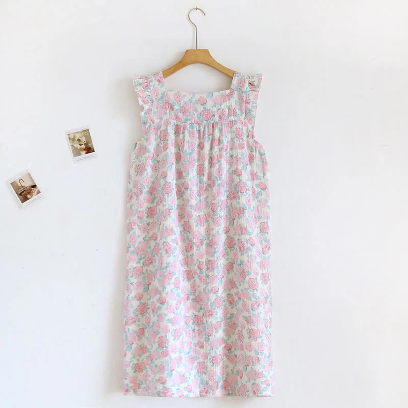 High-Grade Ownkoti Romantic Pink Floral Cotton Cami Nightgown Modern