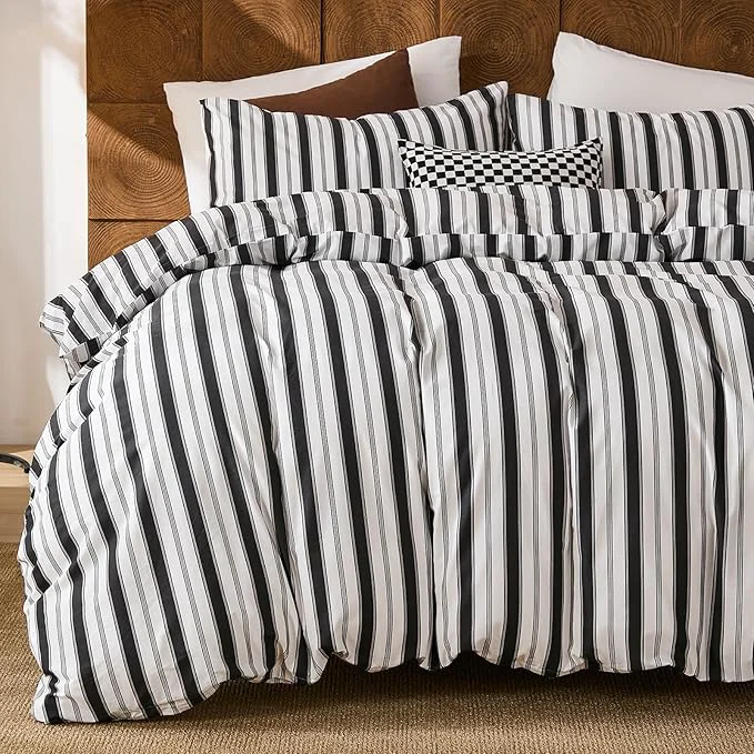 Merryword Cotton Duvet Cover Set Queen Size - Black and White Striped Duvet Cover Set Modern Minimalist Pinstripe Comforter Cover with Pillowcases Soft Breathable Bedding Set for All Seasons Reliable