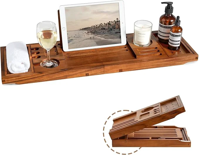 Solid Teak Bathtub Tray Adjustable Width Tray Innovative