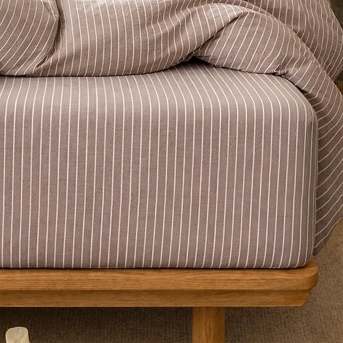 Excellent MooMee Stripes Fitted Bottom Sheet Only Washed Cotton Linen Like Textured Breathable Durable Soft Comfy Deep Pocket Orange White Wide Stripes King Premium Material