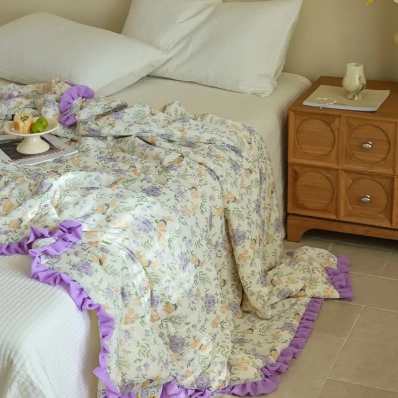 Natural Ownkoti Purple Floral amp Bunny Ruffled Summer Quilt Top-Quality