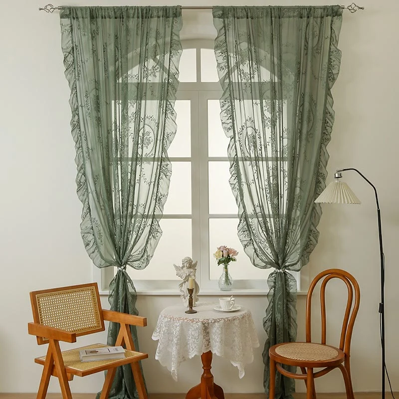 Clean Ownkoti Cottage Lace Sheer Curtain with Ruffle Trim High-Grade