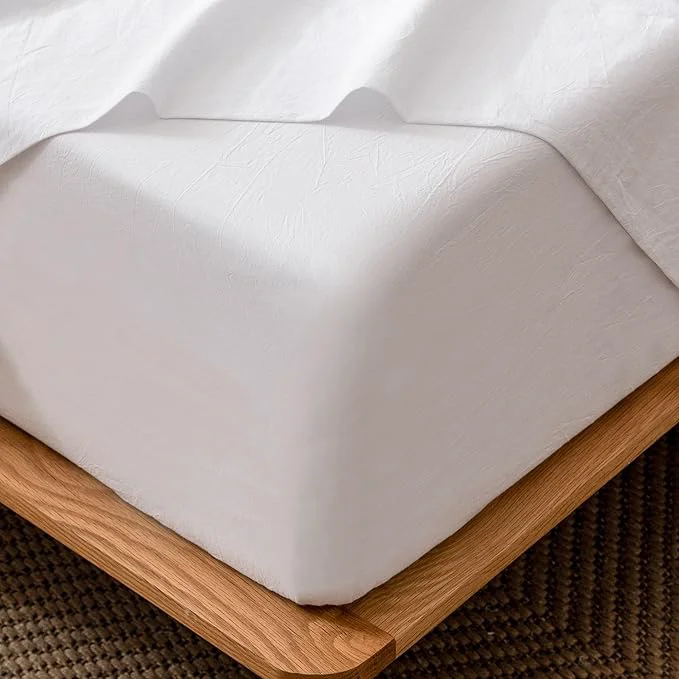 Carefully Designed MooMee Fitted Bottom Sheet Only Washed Cotton Linen Like Textured Breathable Durable Soft Comfy Deep Pocket Fits Mattress up to 17 quot Bright White Twin Versatile