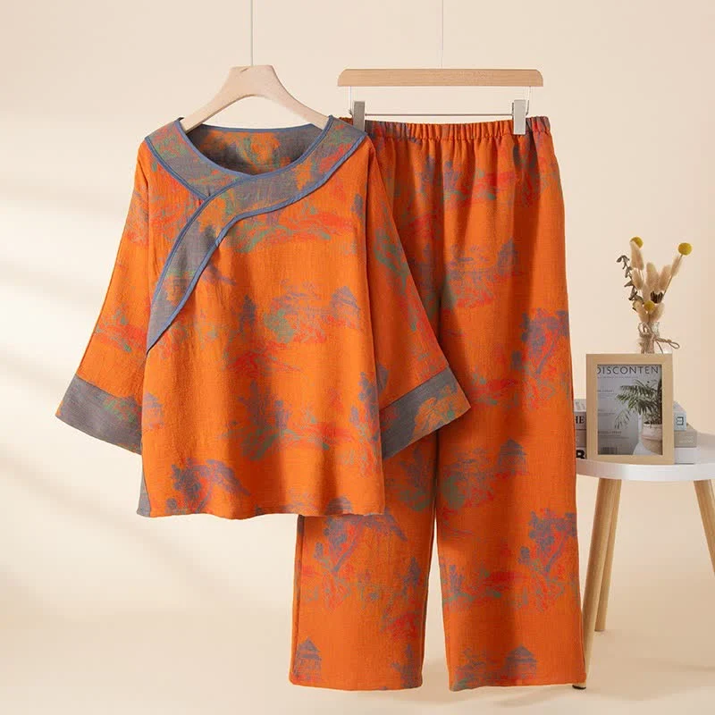 Next-Generation Ownkoti Vintage Orange Landscape Cotton Pajama Set Classic