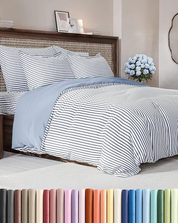 Fast Duvet Cover Queen Size Set - Extra Soft Queen Duvet Cover 90 quot x 90 quot with 2 Pillow Shams - Hotel Luxury Easy Care amp Fade with Zipper Closures amp Ties - Comfy Cozy and Breathable Blue Stripes Outstanding