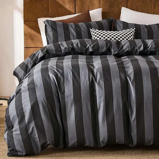 Outstanding Merryword Black and Gray Striped Duvet Cover Set King Size - Cotton Bedding Set with Zipper amp Corner Ties 3-Piece Luxury Linen Like Bedding Set for All Seasons Classic