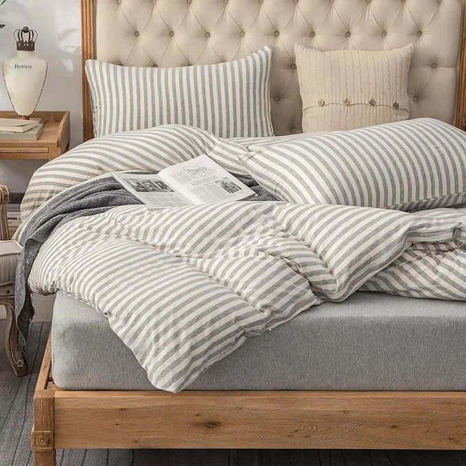 Pure PURE ERA Jersey Knit Duvet Cover Set T-Shirt Heather Cotton Super Soft Comfy Classic Striped Design with Zipper Closure Grey amp White Stripe King