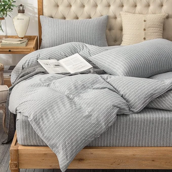 Breathable PURE ERA Jersey Knit Duvet Cover Set T-Shirt Heather Cotton Super Soft Comfy Classic Striped Design with Zipper Closure Grey amp White Pintripe King Practical