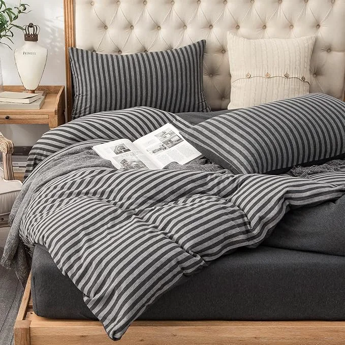 Fine Crafted PURE ERA Jersey Knit Duvet Cover Set T-Shirt Heather Cotton Super Soft Comfy Classic Striped Design with Zipper Closure Charcoal Dark Grey Stripe Queen Advanced
