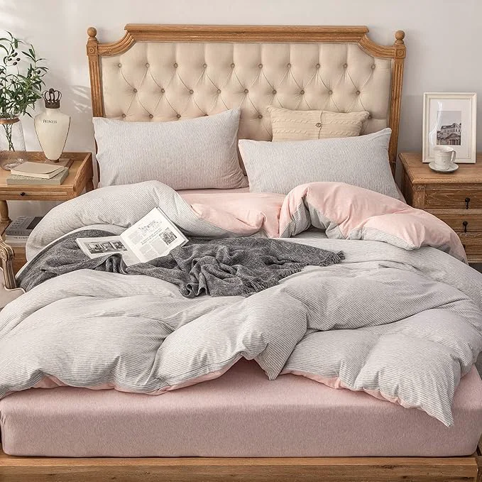 High-Grade PURE ERA Jersey Knit Duvet Cover Set T-Shirt Heather Cotton Super Soft Comfy Classic Striped Design with Zipper Closure Grey Light Pink Pinstripe King Smooth