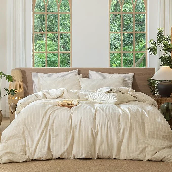 Specialty MooMee Striped Duvet Cover Set Washed Cotton Linen Like Textured Breathable Durable Soft Comfy Almond Milk Grey White Wide Stripes King 104 quot x90 quot Fast