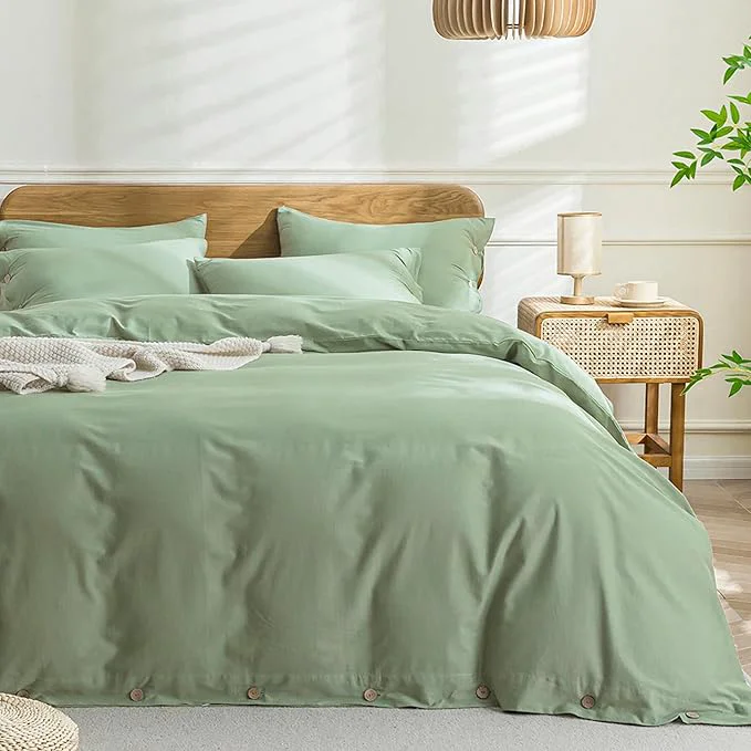 Casual JELLYMONI Cotton Duvet Cover Full Size - Light Green Comforter Cover with Button Washed Cotton 3PCS Breathable Soft Solid Bedding Set Duvet Cover 80×90in amp 2 Pillowcases NO Comforter Exclusive