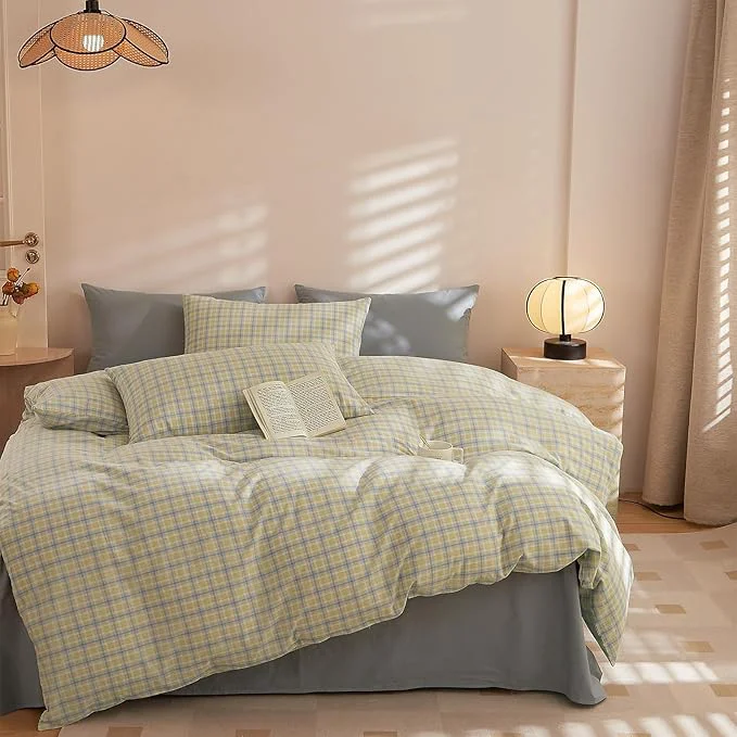 Fine EAVD Modern Gingham Duvet Cover King Soft Washed Cotton Yellow Blue Grid Plaid Bedding Set with 2 Pillowcases Farmhouse Reversible Plaid Checkered Duvet Cover with Zipper Closure Excellent