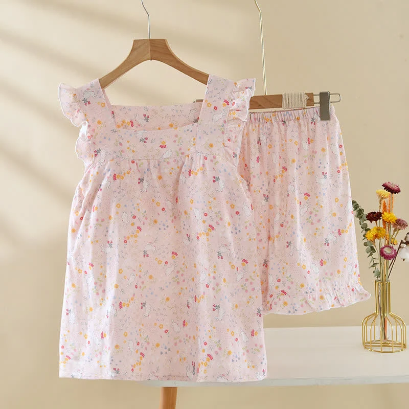 Fast Ownkoti Floral amp Bunny Cotton Gauze Sleeveless Pajamas Fine Crafted