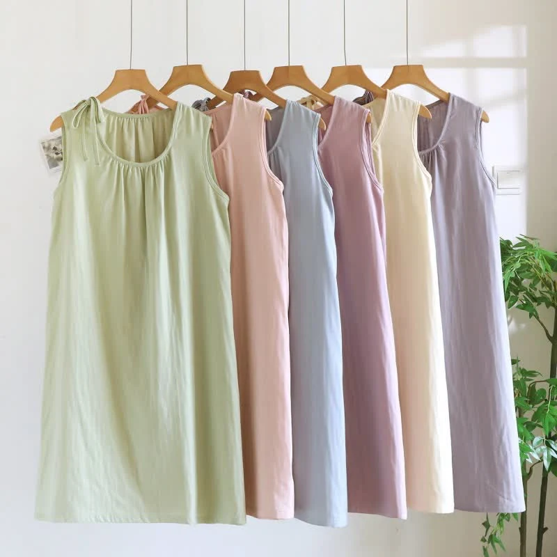 Flexible Ownkoti Minimalist Solid Color Cotton Sleeveless Nightgown High-Performance