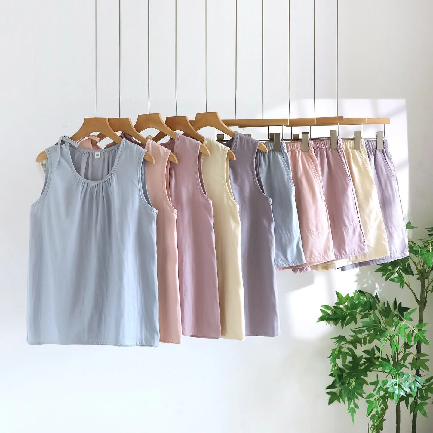 Premium Material Ownkoti Solild Cotton Double Gauze Sleeveless Pajamas Carefully Designed