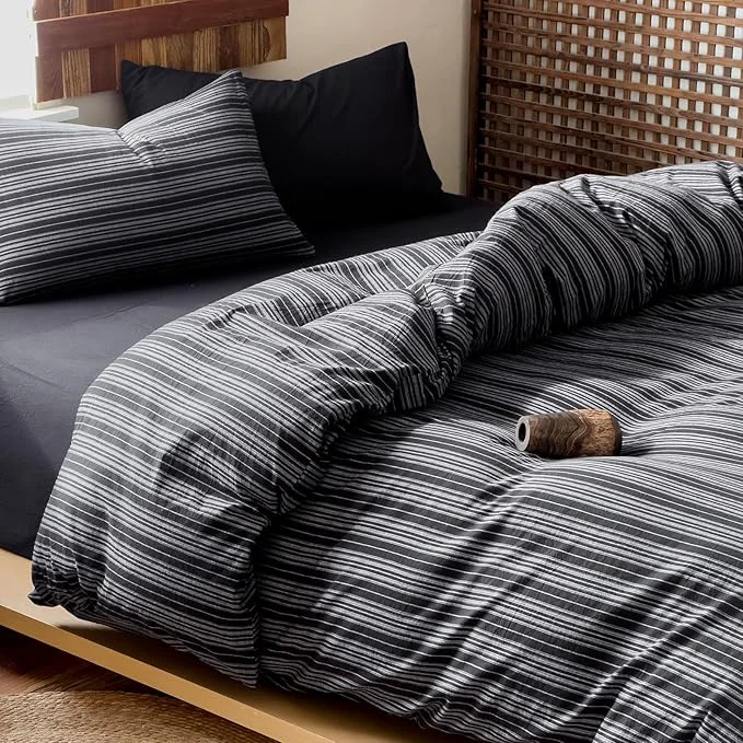 Enhanced EAVD Retro Black Striped Duvet Cover Queen Soft Washed Cotton Reversible Striped Pattern Bedding Set with 2 Pillowcases Farmhouse Geometric Duvet Cover with Zipper Closure Eco-Friendly