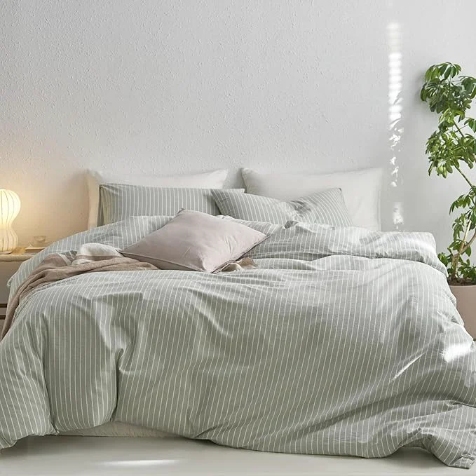 Classic MooMee Striped Duvet Cover Set Washed Cotton Linen Like Textured Breathable Durable Soft Comfy Sage Green White Wide Stripes Oversized King Plus 128 quot x120 quot Responsible