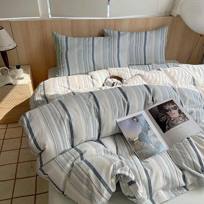 Refined EAVD Modern Style Striped Duvet Cover King Washed Cotton Colorful Wide and Pinstriped Bedding Duvet Cover Set with 2 Pillowcases Farmhouse Geometric Bedding Set with Zipper for All-Season Outstanding