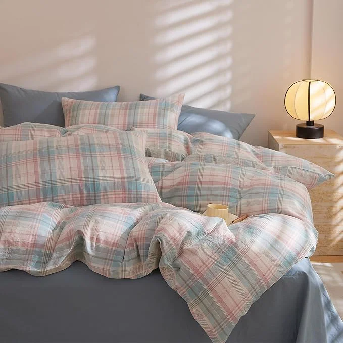 Practical EAVD Cotton Grid Plaid Duvet Cover Full Size Colorful Gingham Duvet Cover Set 3 Pieces Modern Grid Checkered Bedding Set with 2 Pillowcases Reversible Gingham Bedding Set for Girls Boys Women Men Minimalist