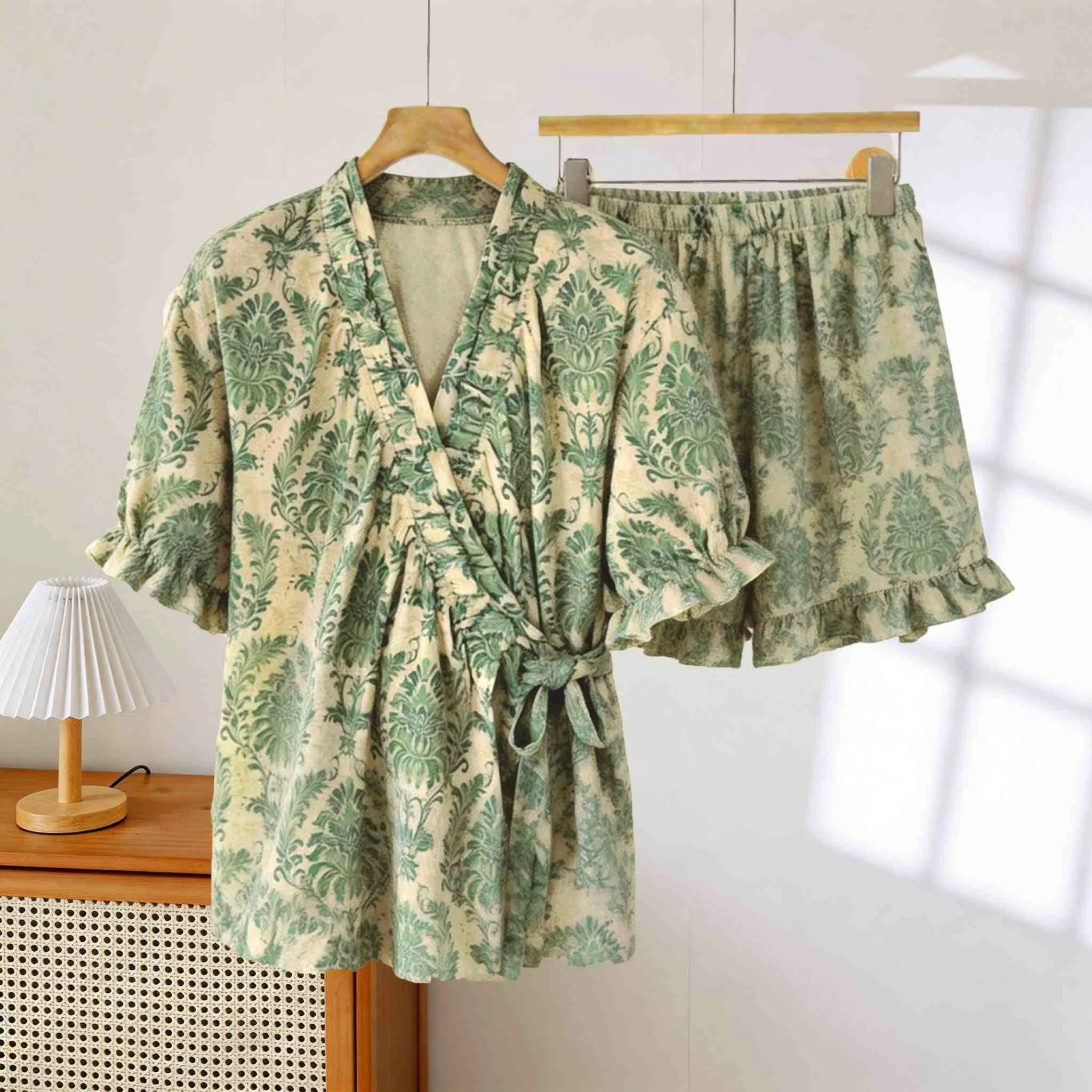 Pure Ownkoti Refresh Green Floral Ruffle Sleeve Pajamas Flexible
