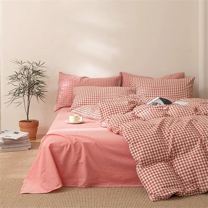 Fashionable mixinni Orange Gingham Comforter Set Twin XL Plaid Comforter Set 3 Pieces 1 Orange Grid Comfoter with 2 Pillow Cases for All Seasons Soft Fluffy Modern Grid Pattern Printed Bedding-Twin XL Size Comfortable