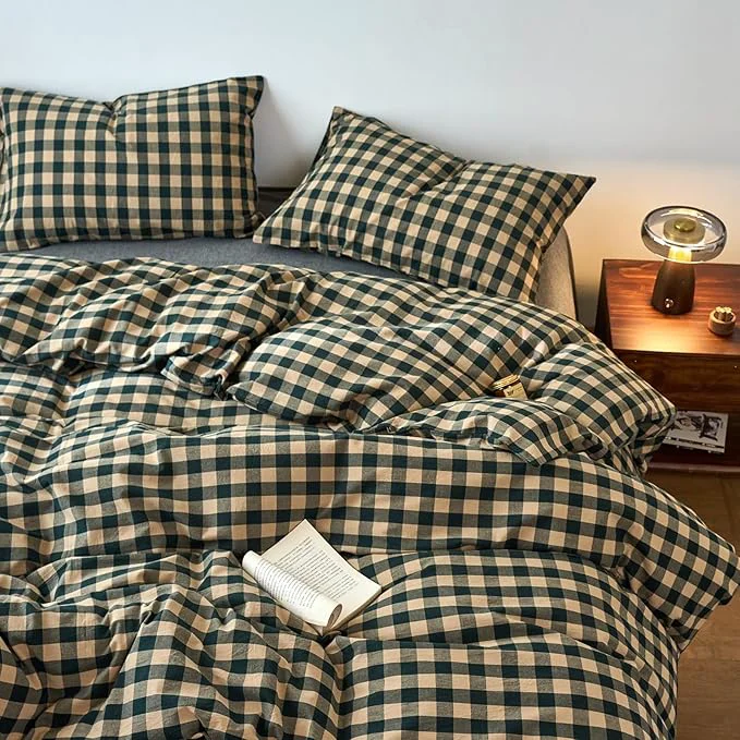 Fast EAVD Vintage Style Beige amp Green Plaid Duvet Cover Set Full Washed Cotton Like Linen Feel Soft Grid Checkered Bedding Set with 2 Pillowcases Farmhouse Geometric Pattern Duvet Cover with Zipper Contemporary