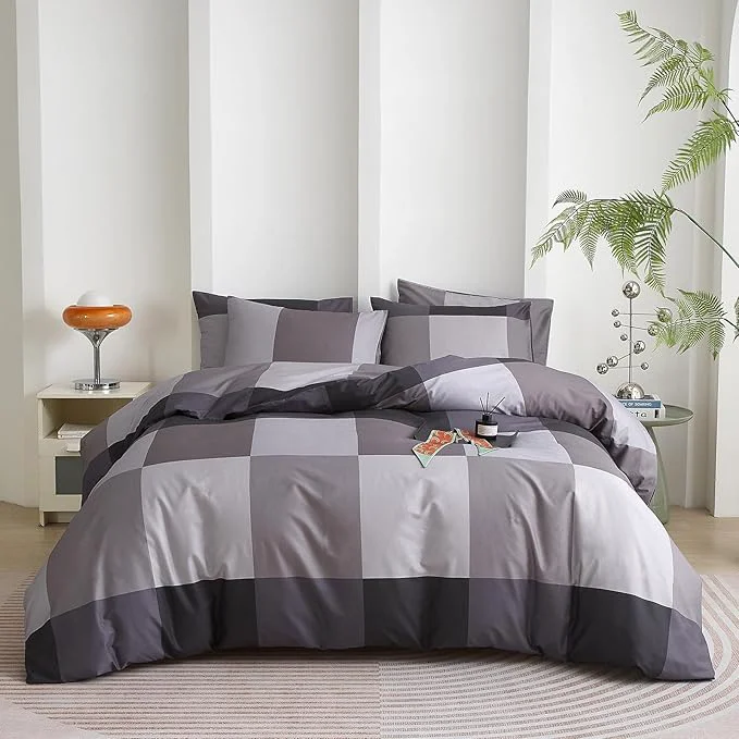 Authentic mixinni Full Size Comforter Sets Men Boys Geometric Checkered Plaid Printed Bedding Comforter for All Season Soft Lightweight Bedding Set- Full Size Grey Black Specialty