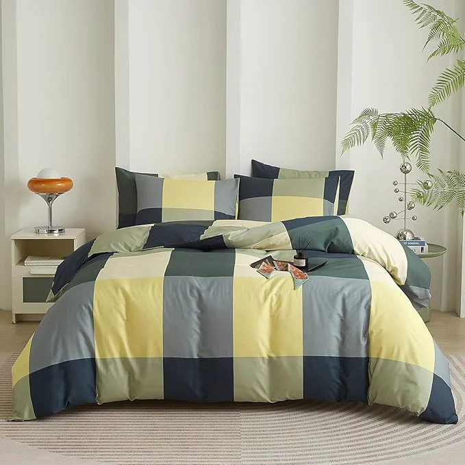Quality mixinni Queen Comforter Set Men Boys Geometric Checkered Plaid Pattern Bedding Comforter for All Season Soft Lightweight Bedding Set- Queen Size Green Yellow Khaki Environmentally Friendly