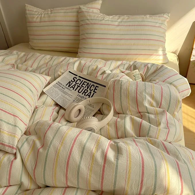 High-Grade EAVD Colorful Striped Duvet Cover Queen Soft Cotton Vintage Pink Green Yellow Stripes Printed Bedding Set with 2 Pillowcases Retro Reversible Geometric Comforter Cover with Zipper Corner Ties Relaxed