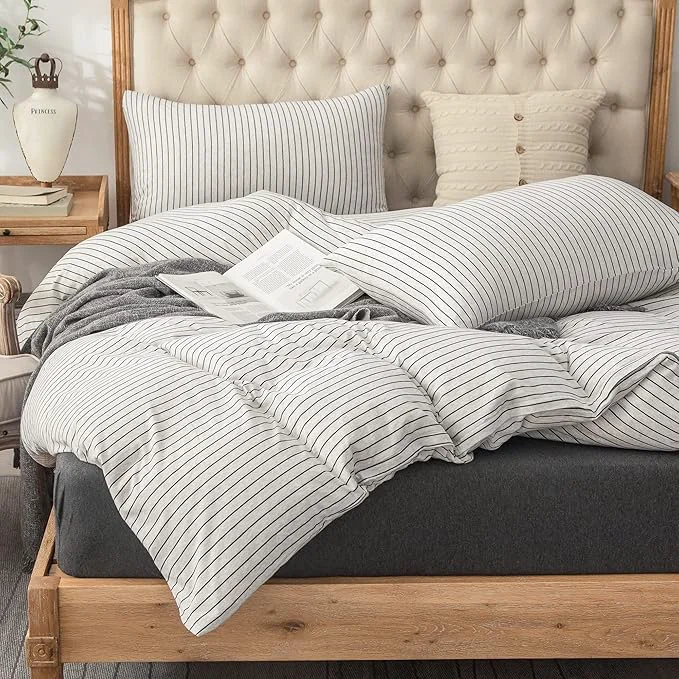 Reusable PURE ERA Jersey Knit Duvet Cover Set T-Shirt Heather Cotton Super Soft Comfy Classic Striped Design with Zipper Closure Heather White amp Black Pinstripe King Stylish