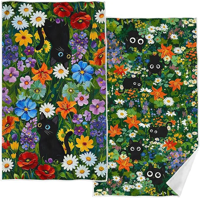 Trendy Accnicc 2 Pack Black Cat Bathroom Hand Towels Decorative Green Plant Daisy Original Design