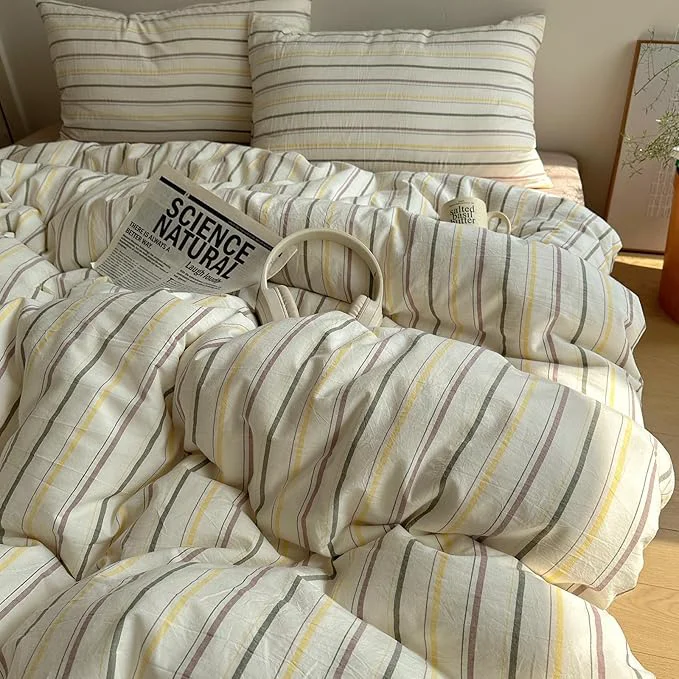 Reusable EAVD Retro Striped Duvet Cover Set Queen Size Cotton Chic Stripes Printed Bedding Set with 2 Pillowcases Vintage Geometric Pattern Duvet Cover with Zipper Closure Yellow amp Green amp Brown Queen Superior